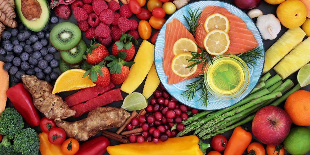 A selection of fruits, vegetables and fish