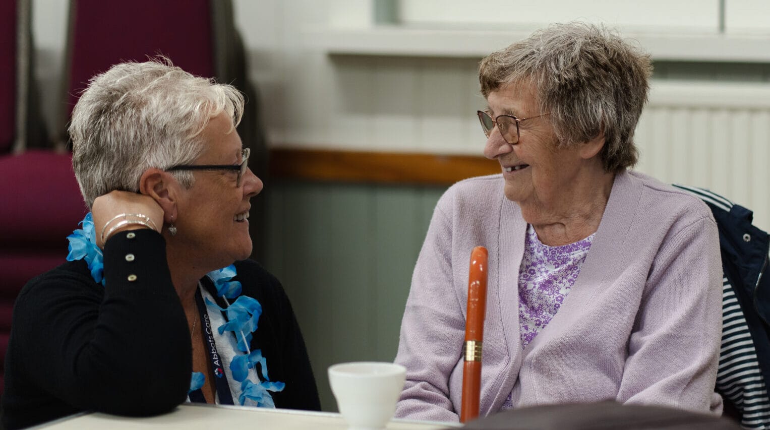 Abbots Friend volunteer having a conversation with a smiling elderly lady over a nice cup of tea.