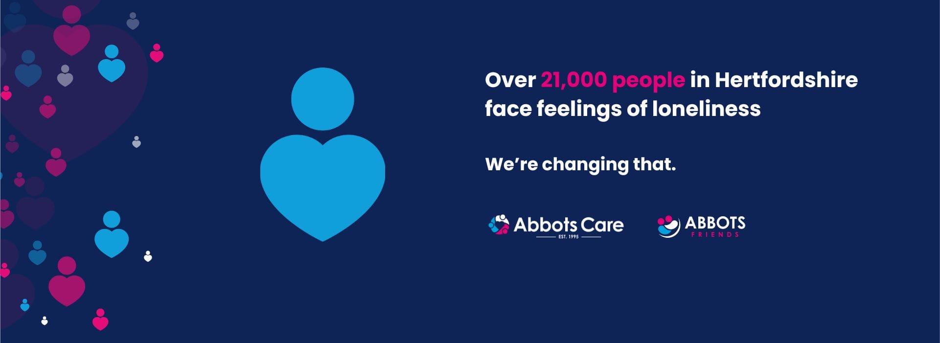 A heart shaped icon to look like a person on a navy background with text saying that there are 21,000 lonely people in Herts.