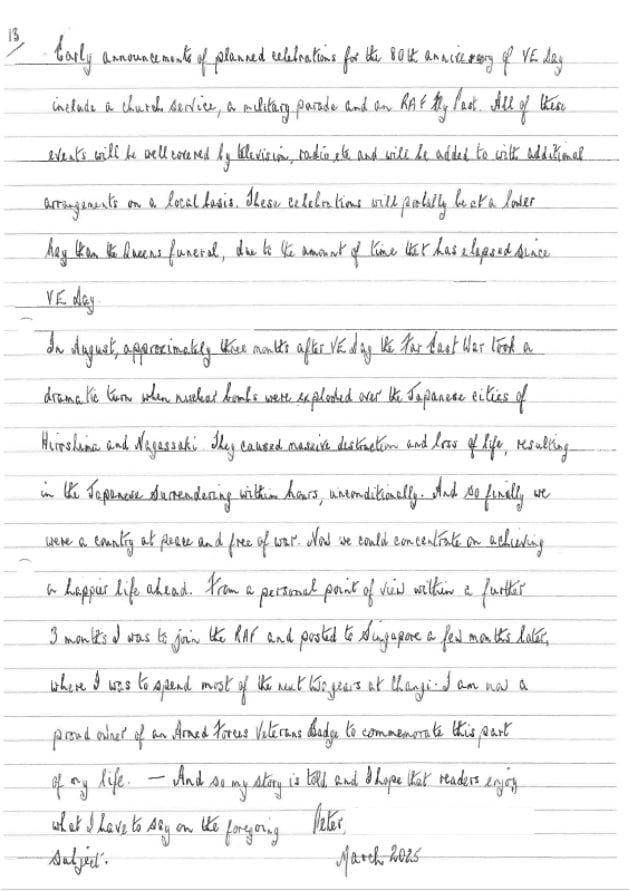 A page from Peter's book detailing his experiences in the war