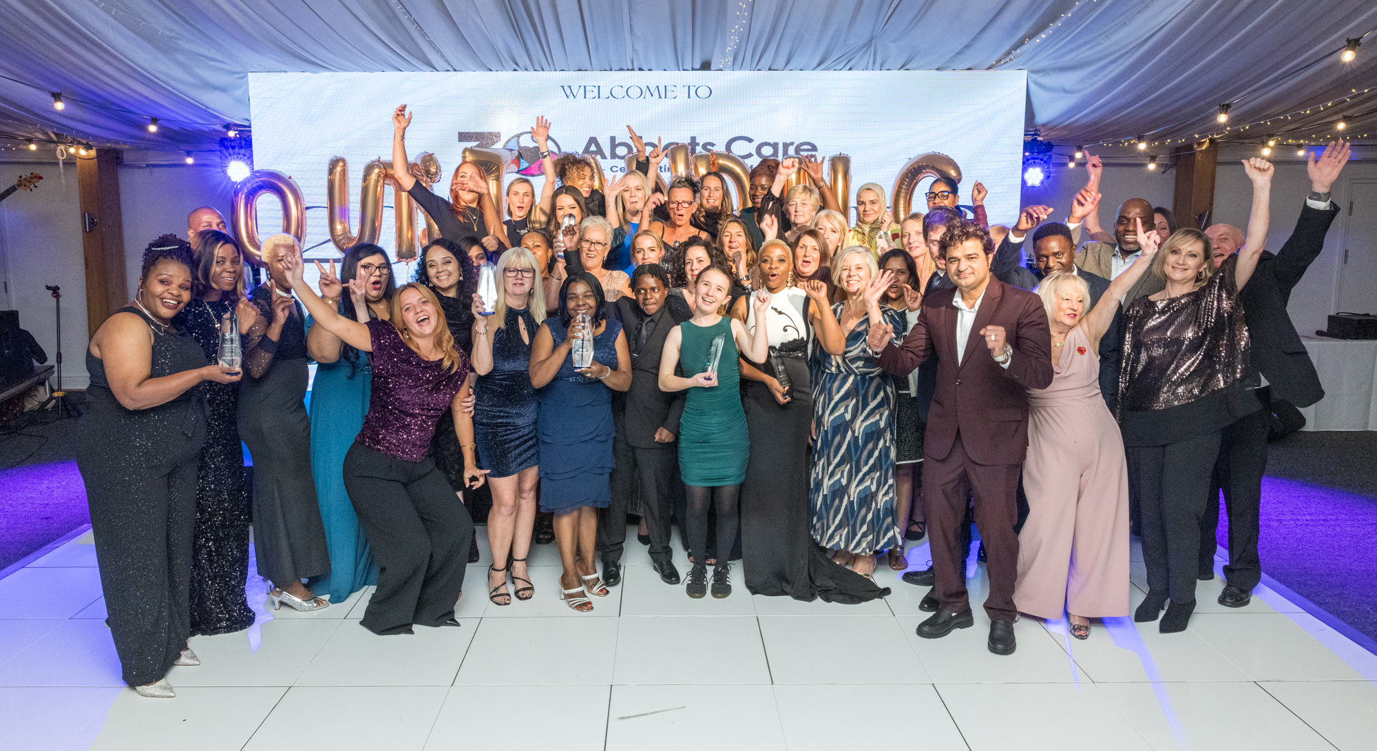 Winners at the Abbots Care Awards 2025 pictured in a big group photo